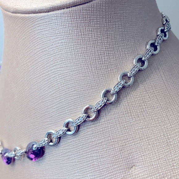 Vintage 925 Sterling Silver Station necklace w/ 5 lab-created amethyst stones - Picture 3 of 9